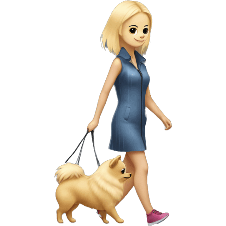 Blonde girl walking tiny pomeranian under the rain emoji