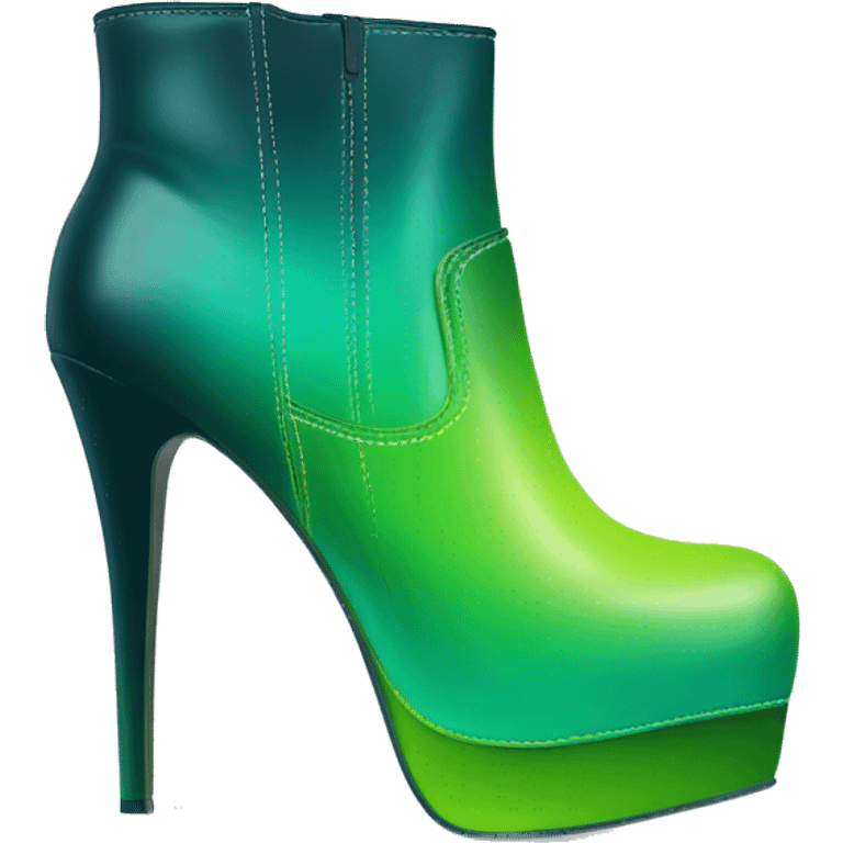 Realistic isolated top front view of a pair of dark teal,lime green,mint green and emerald green ombre high heel ankle boots. emoji