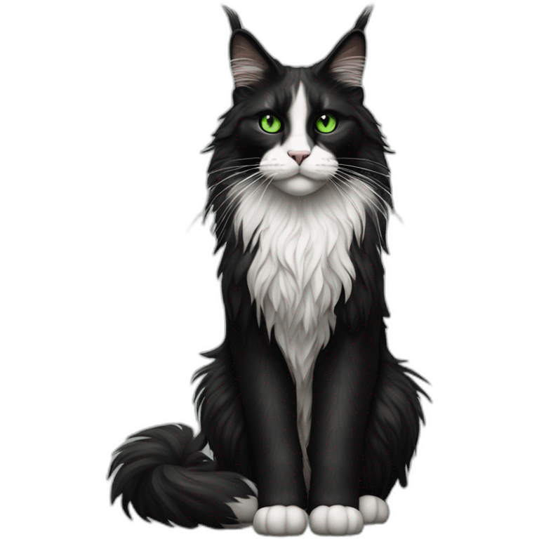 Black and white Maine coon with green eyes, full body, realism emoji