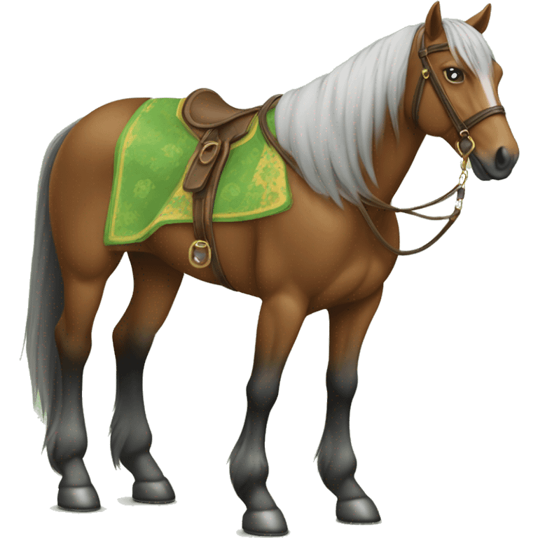 Cavallo con fantino e vestito arancione e verde emoji