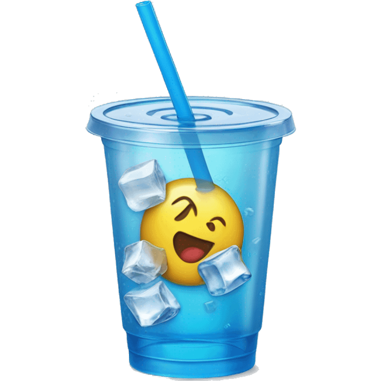 Realistic plastic cup and lid with Transluscent blue soda and large ice cubes inside and one straw through the top of the lid. emoji