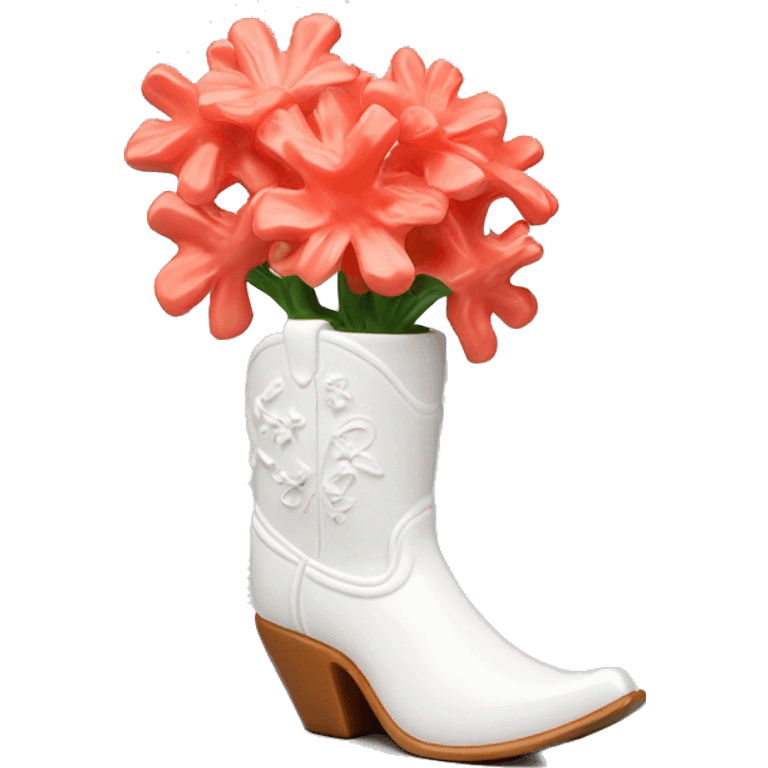 White cowgirl boot vase with coral sticking out of it emoji