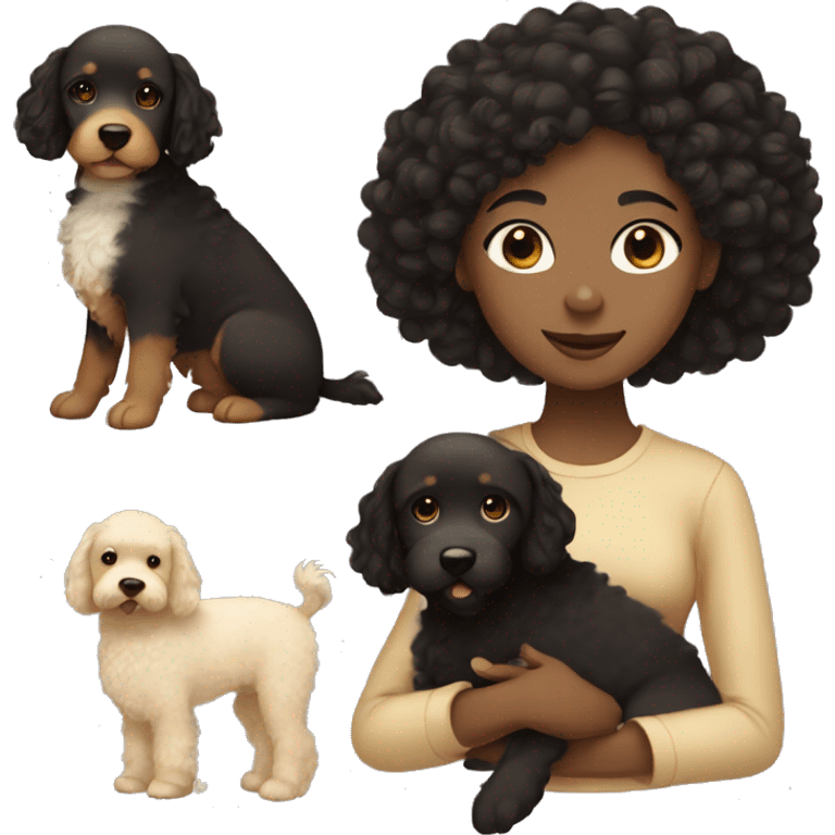 Black hair girl with brown eyes holding a beige golden doodle emoji