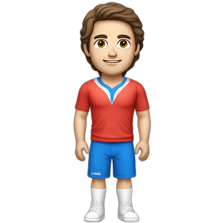 retro 70s blue and red gym clothes for a modern white brunette uni male student with glass emoji