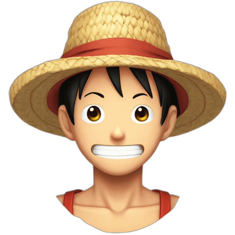 Luffy with his straw hat and his scar at the bottom of the right eye smiling with closed eyes in the Eiichirō Oda’s style emoji