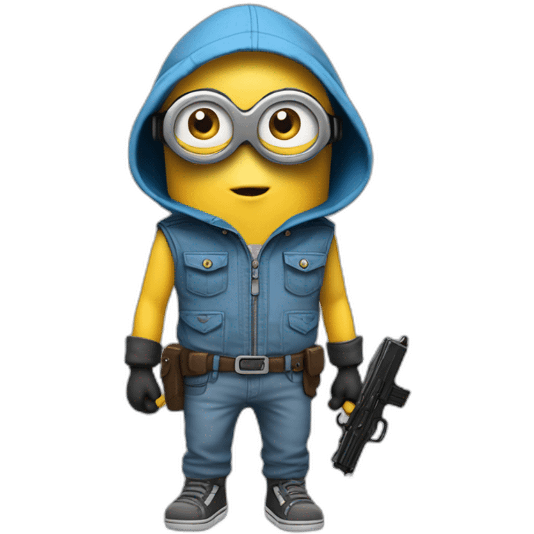 baby minion  in gray pants in a blue sleeveless shirt in a hood and with a collar with two pistols in both hands holds them on both sides raised emoji