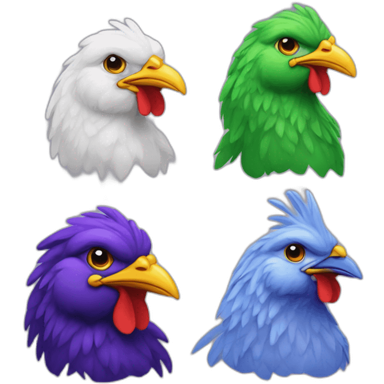 Four chickens in differents colors : blue, violet, punk and green emoji