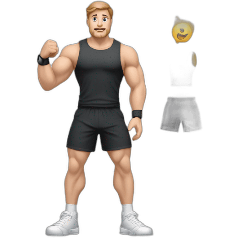 Full height Actively gesturing with hands Pale skinned fit man With the biceps and brown hair In dark gray sleeveless mike, black oversize sports shorts, watch and white sneakers emoji