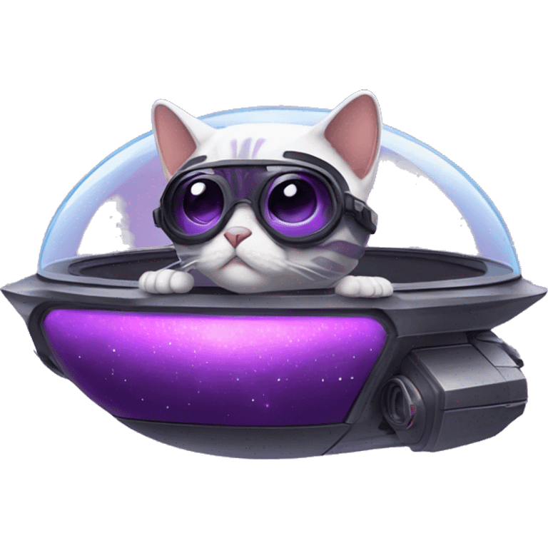 Cute purple hoverpetcat  in a spaceship with cool black glasses on emoji