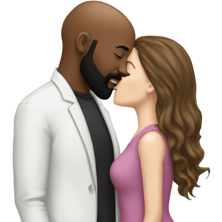 White girl brunette kissing black bald man with beard emoji