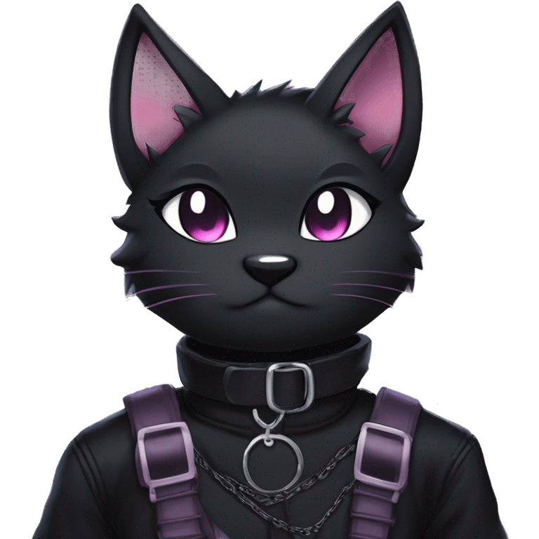 Gorgeous furry gothic dark techwear anime style anthro black cat furry sona Fakemon with blushing face aesthetic and pretty edgy black with collar and harness trending style emoji