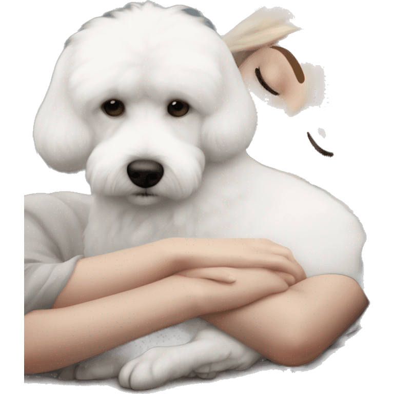 White dog Bichon Frise sleeping on brunette white girl's lap emoji