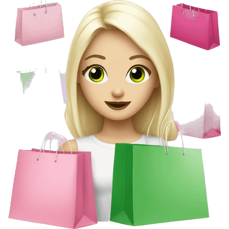 cute platinum blonde with green eyes surrounded by pink shopping bags emoji