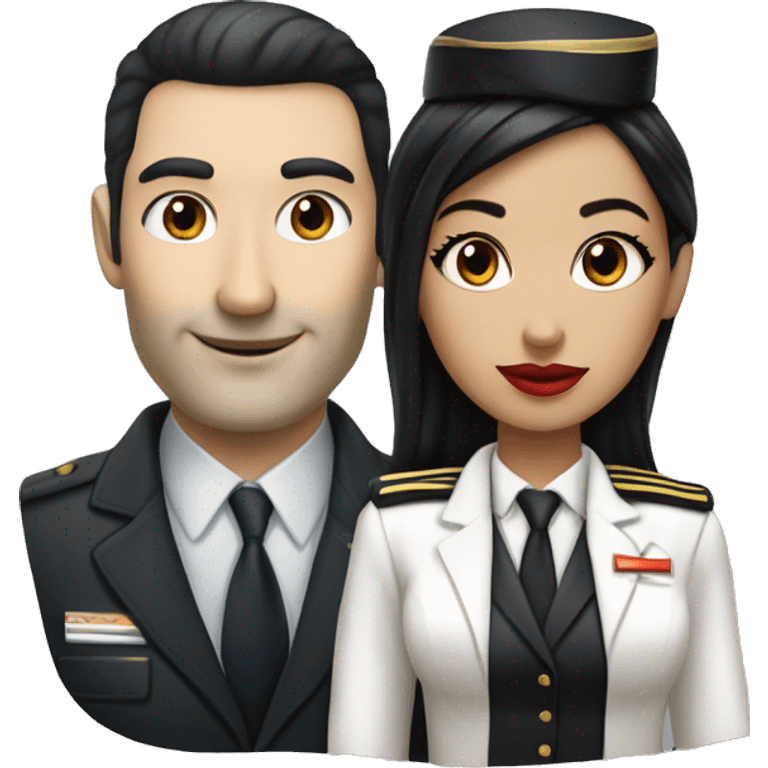 Flight attendant with long black hair, red lips and white skin with a pilot man with beige skin and black hair emoji