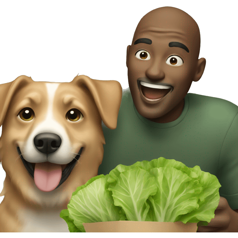 Man laughing while holding lettuce next to his dog emoji