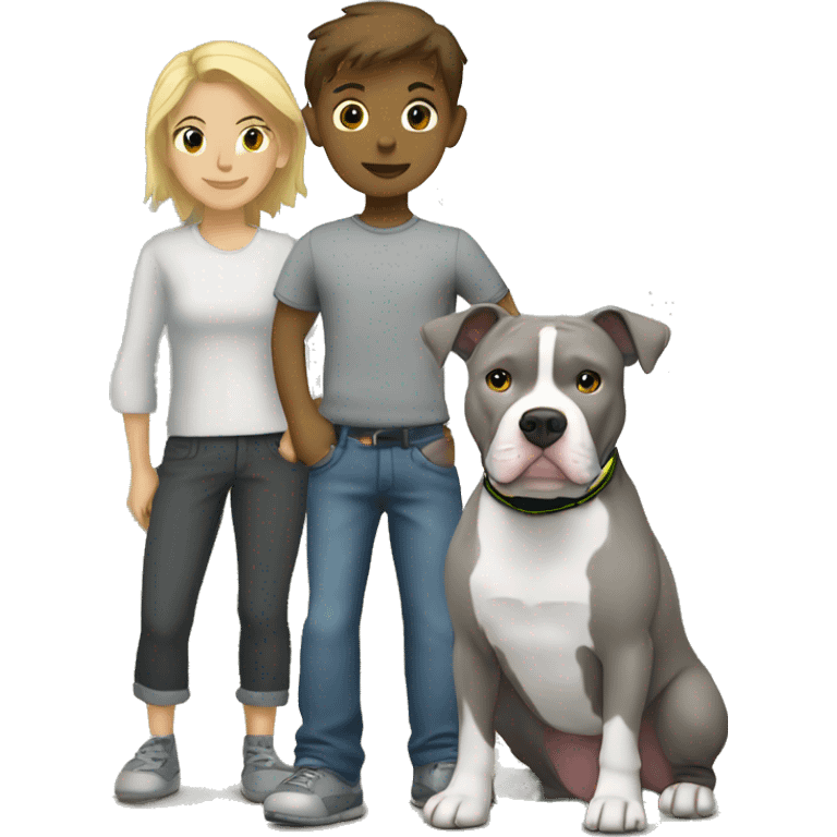 Gray Pitbull standing with brune-haired boy and blonde girl emoji