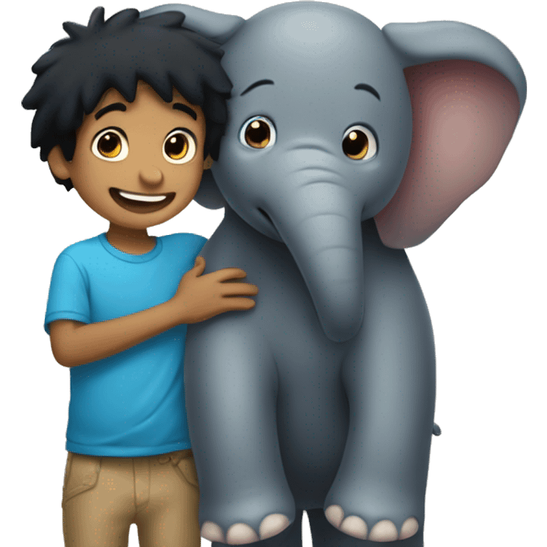 Boy with black hair hugs an smiling elefant emoji