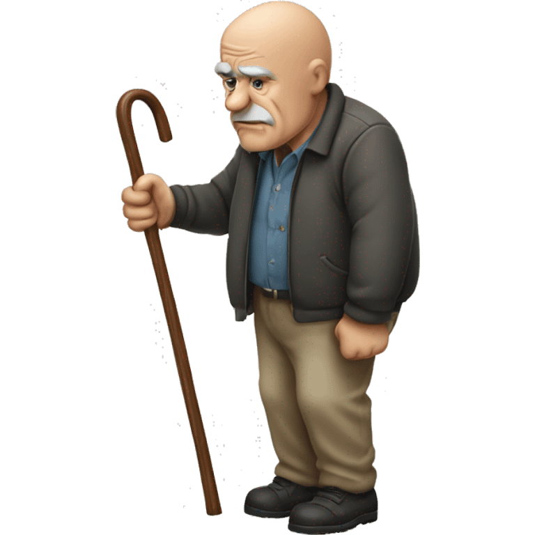 Bald Old man leaning on a walking cane holding his back with his hand grumpy face, detailed emoji