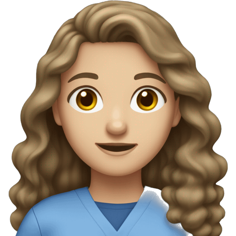 Caucasian brunette girl with long wavy hair, hazel eyes and blue scrubs emoji