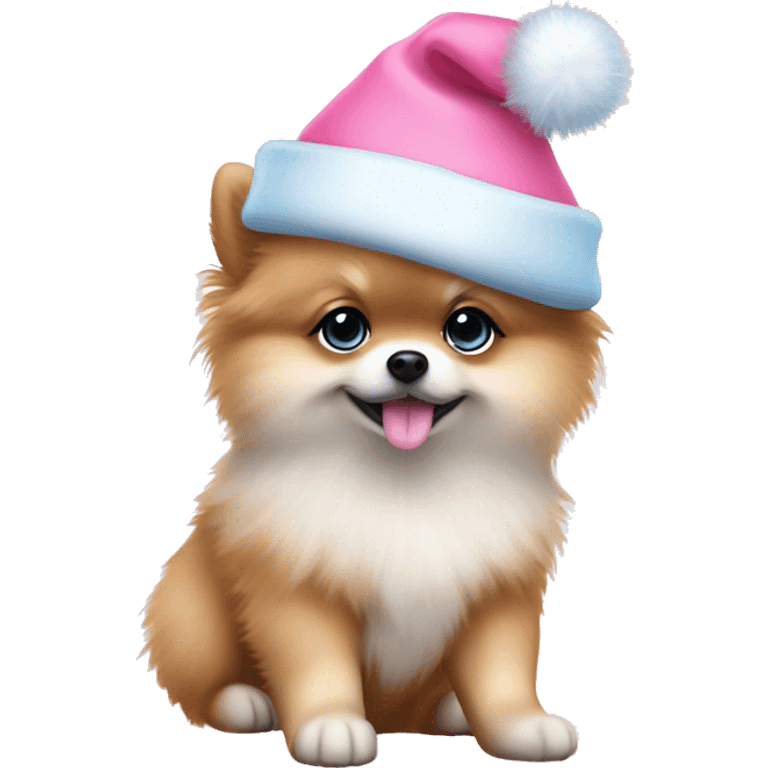 pomeranian puppy full body light blue eyes pink christmas hat on emoji