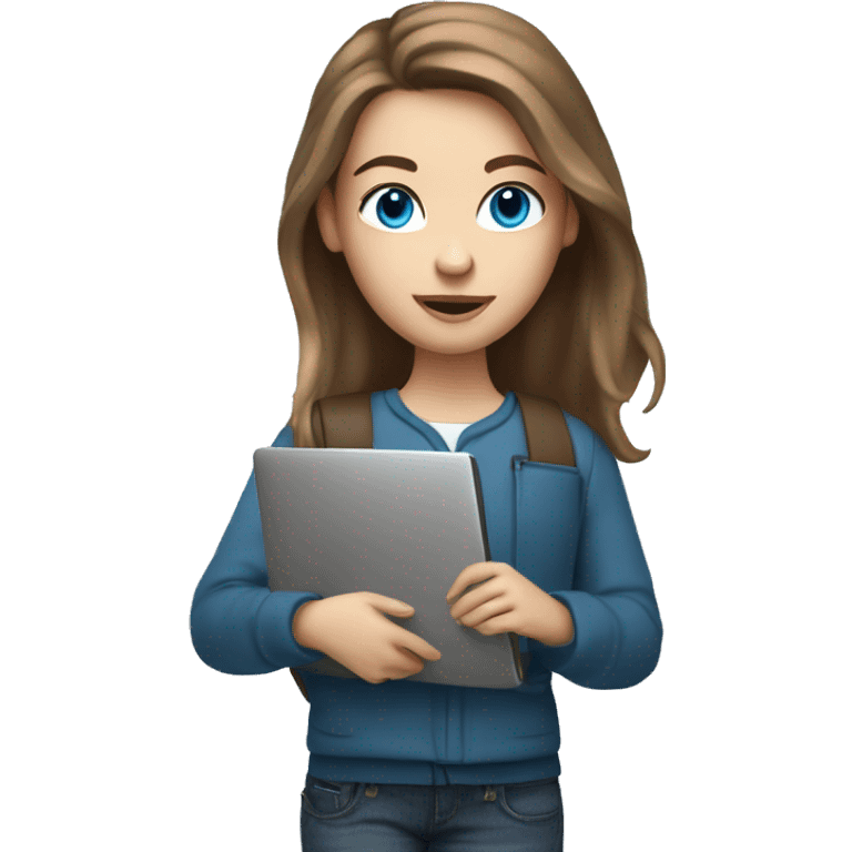 caucasian white IT girl student, holding laptop, blue eyes, brown hair emoji