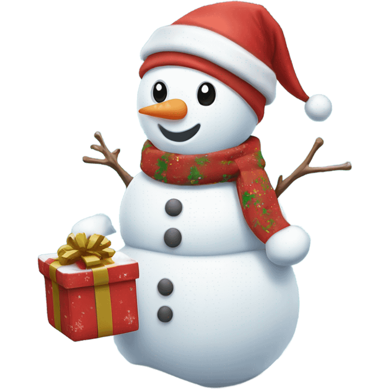 christmas cute snowman carrying a present with snow flakes behind the snowman emoji