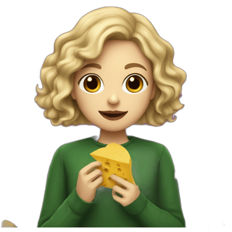 Slytherin girl with short wavy ash blonde bob hair eating chips and cheese emoji