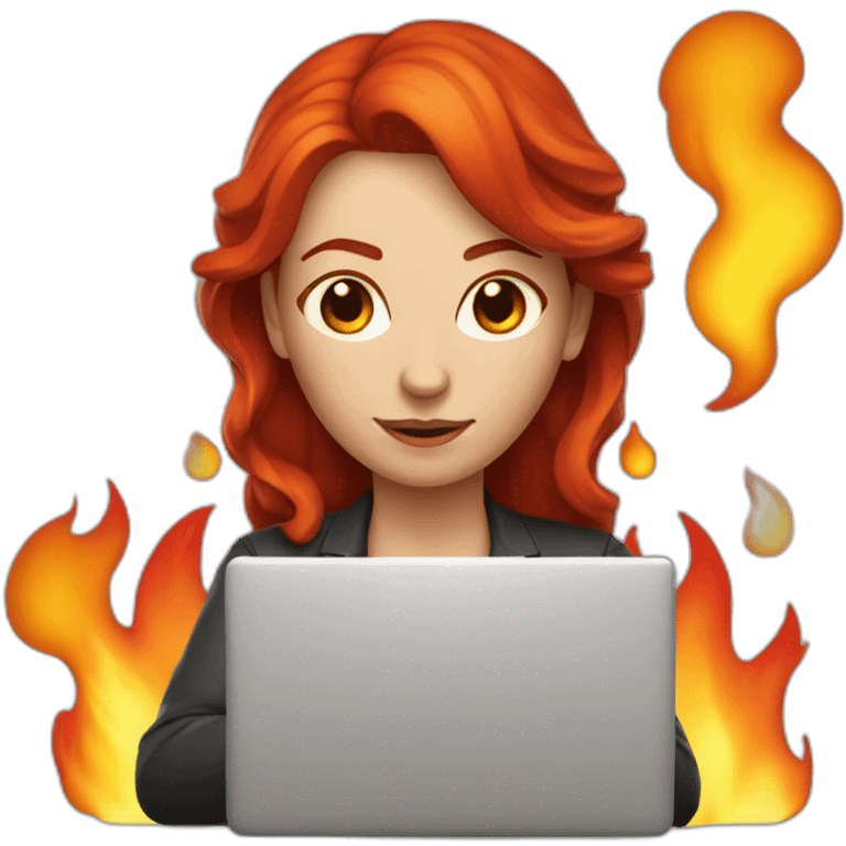 developer red hair woman with a laptop and a huge fire emoji