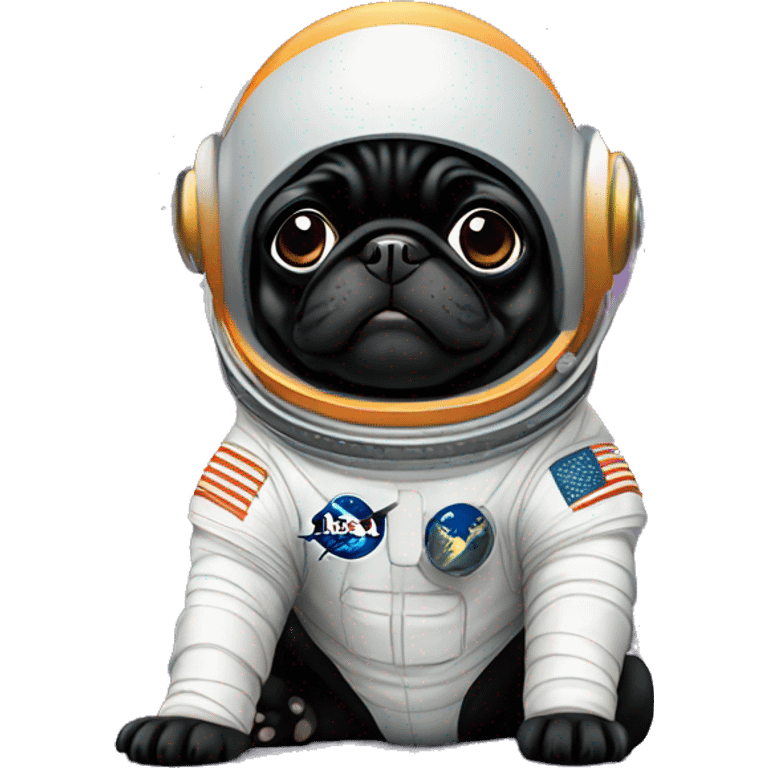 happy black Pug astronaut puppy sitting on floor emoji