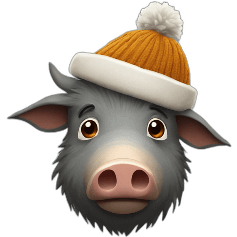 Unemotional boar with stubble in a winter hat emoji