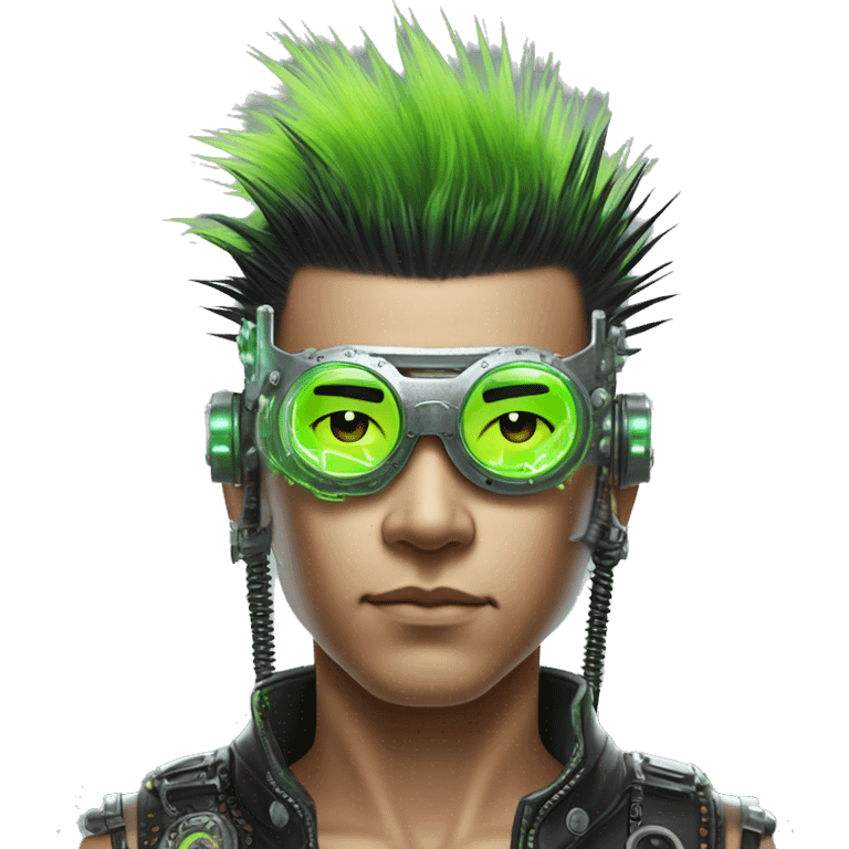 Mohawk hair with neon green highlights Asian male cyborg head with neon silver steampunk goggles and circuits emoji