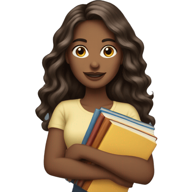 brunette long wavy hair beautiful woman while holding stack of books emoji