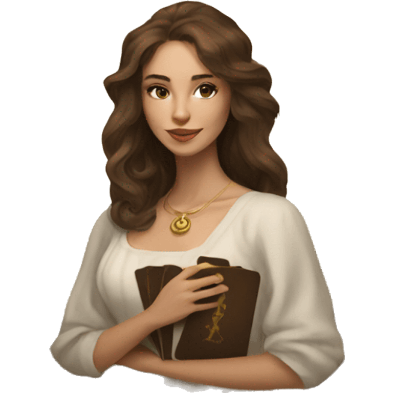 Brown hair beautiful girl with brown tarot gold cards emoji