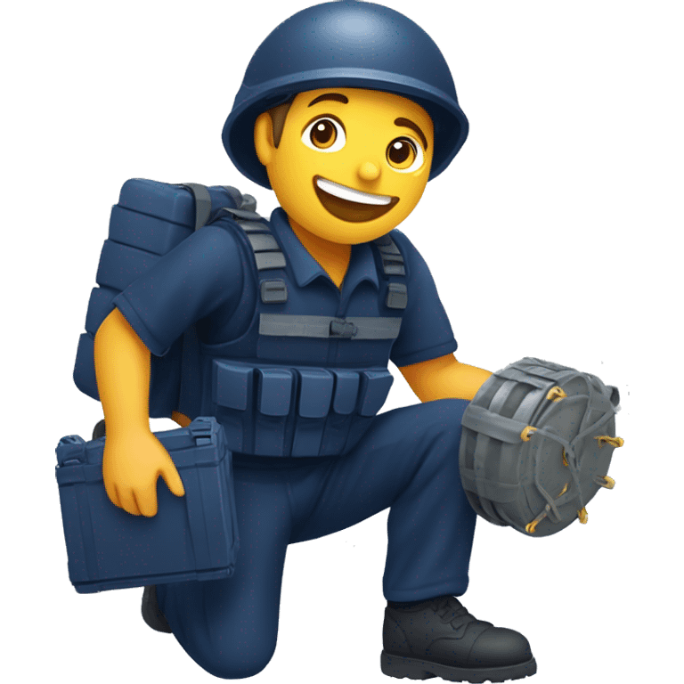 happy landmine clearance deminer holding landmine detector looking for bombs on the ground. navy blue outfit.   emoji