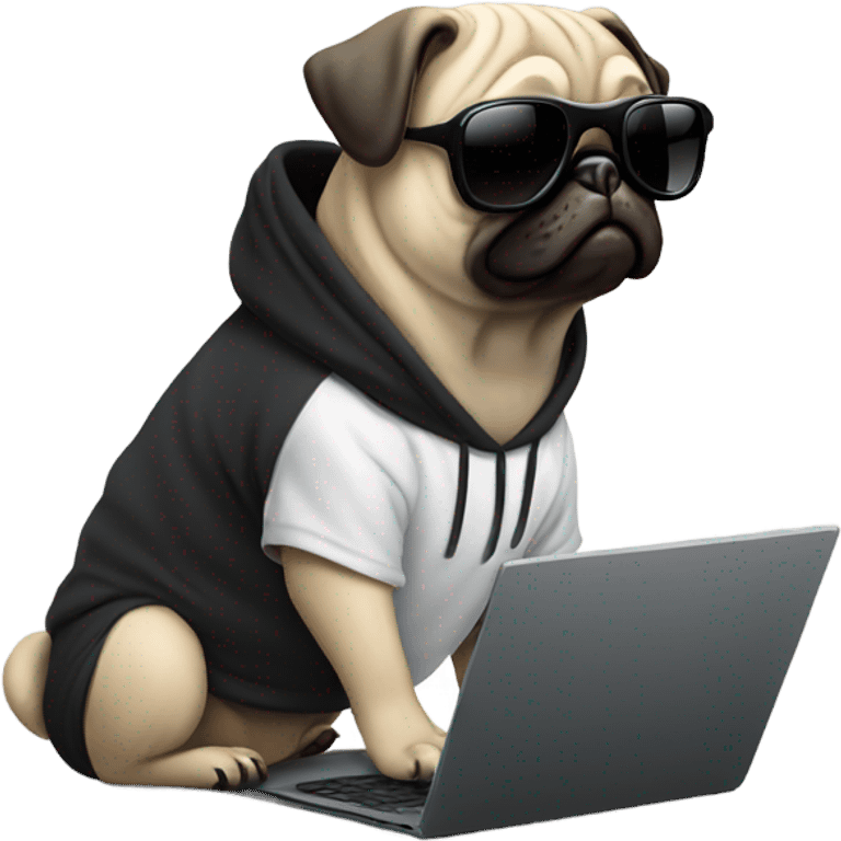 Pug wearing a black hoodie and using a laptop and wearing sunglasses emoji