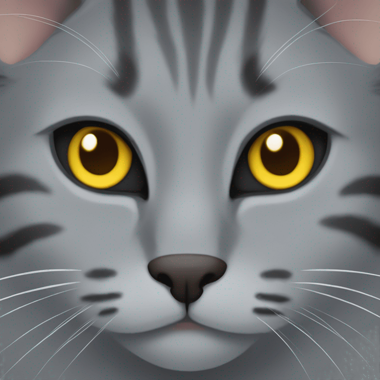 grey cat with some dark grey lines, some lines of brown and black with yellow eyes and a black nose emoji