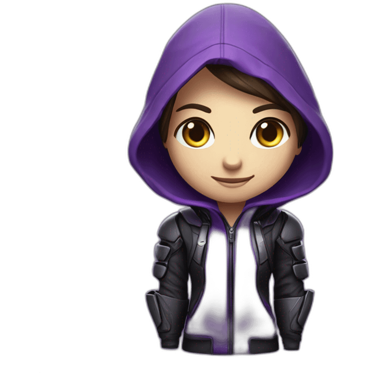 Girl developer behind his laptop with this style : Crytek Crysis Video game with nanosuit purple character purlple black hooded hacker themed character emoji