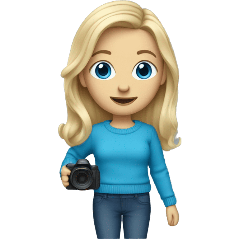 Shoulder length hair blonde in blue sweater with blue eyes holding camera emoji