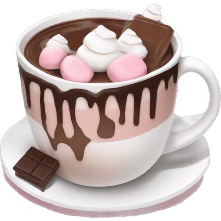 hot chocolate with mug and whip cream and chocolate drizzle and pale pink strawberry and marshmellows emoji