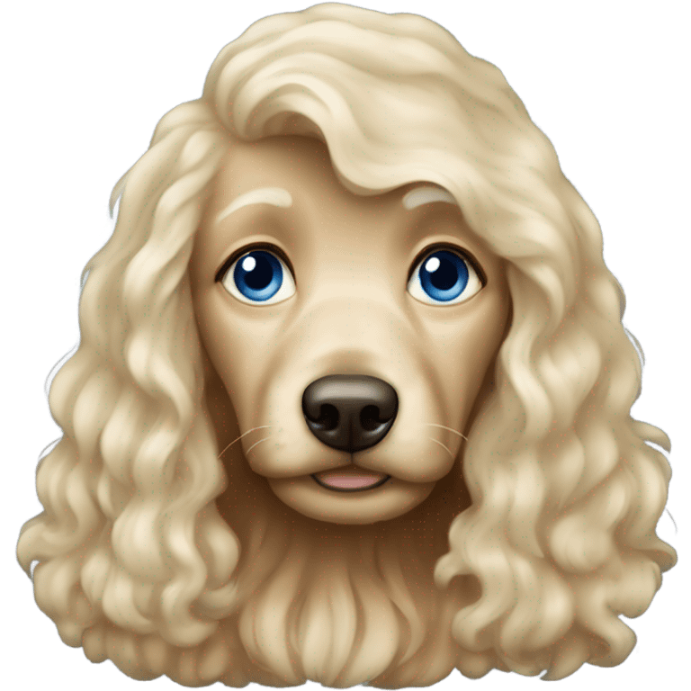 blue eyed very old long haired blonde lady with dark brown Cockapoo puppy dog emoji