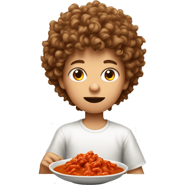 Boy with perm, eating a red curry emoji