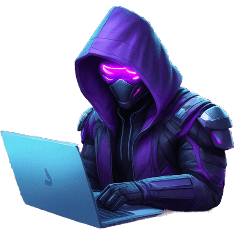 Hacker behind his laptop with this style : crysis Cyberpunk Valorant neon glowing bright purple character purple violet black hooded assassin themed character emoji