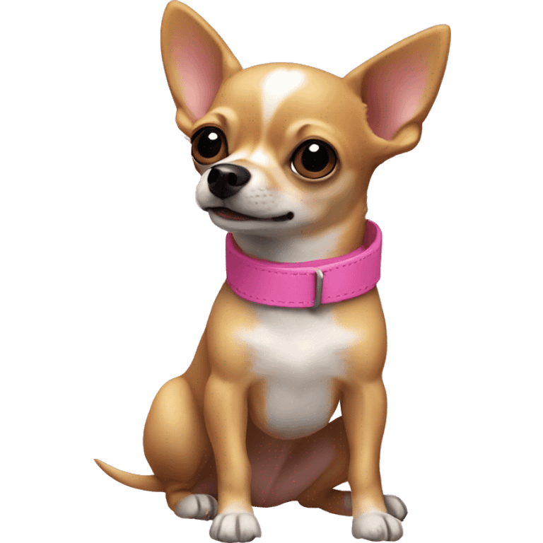 A gold/brown colored chihuahua with a black nose panting, wagging its tail and wearing a pink collar emoji