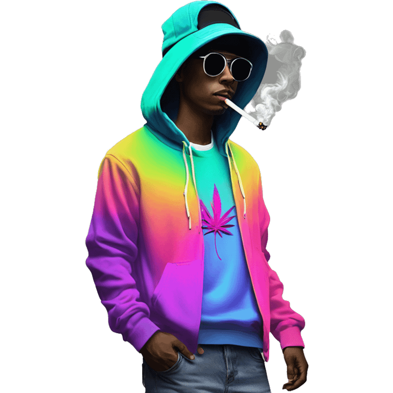 Hemp leaves Multicoloured neon person smoking wearing hoodie dancing hip hop bucket hat tropical Skater fashion aesthetic baggy clothes graphic t shirt 420 emoji