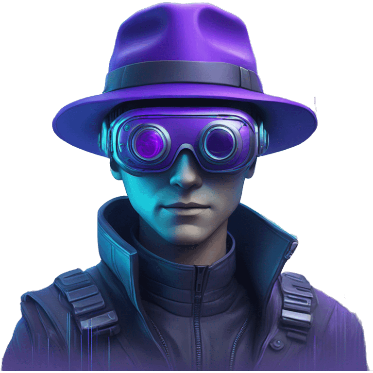 Secret human agent in a hat with  cyberpunk elements in VR googles scanning looking reviewing multicolor lines of code, cyan and purple colors, only upper body portrait emoji