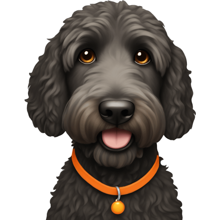 Black straight hair labradoodle with an orange collar emoji