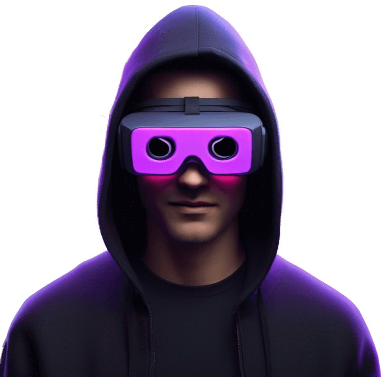 Russian man wearing a black hoodie with "OMG" letters on it and VR headset oculus quest 2 in a cyberpunk VR environment with violet neon lighting. Showing direction with hand emoji