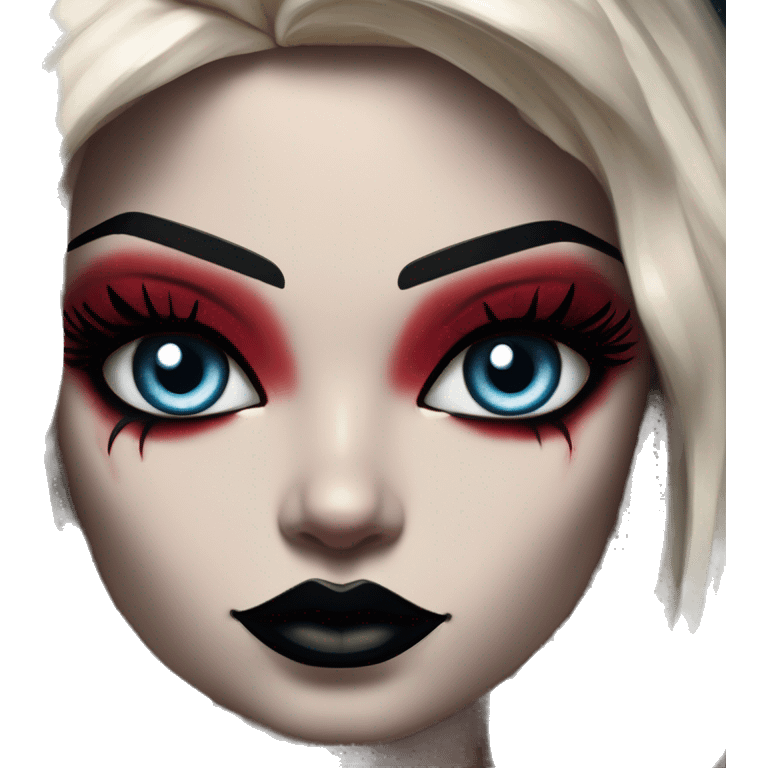 Arabic Lego  in Harley Quinn style, oil paint, mysterious eyes, intricate lips, masterpiece portrait, odd perspective, beautiful, desirable, logical emoji