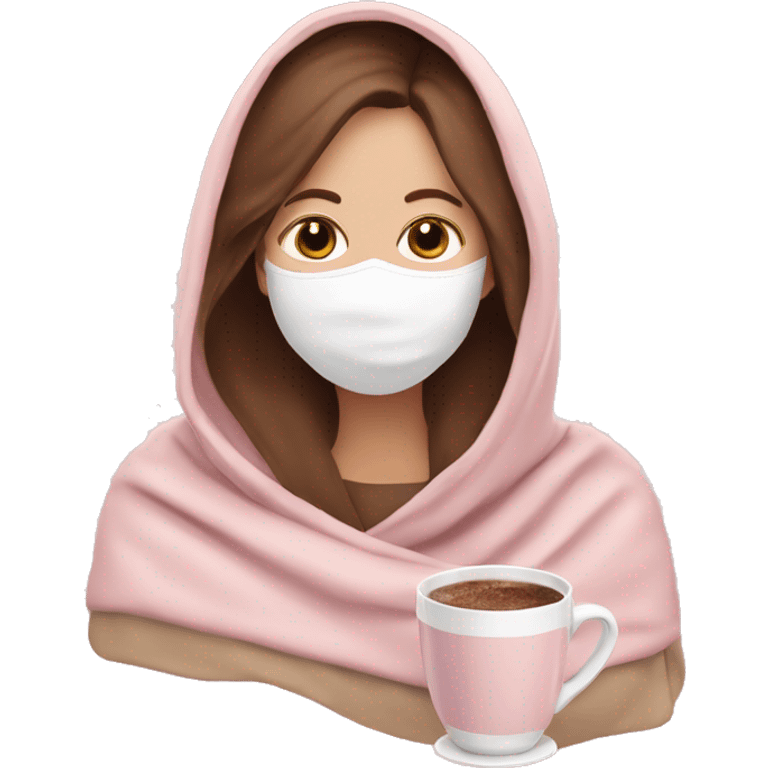 white woman with brown hair with face mask inside a baby pink to beige blanket sipping hot chocolate  emoji