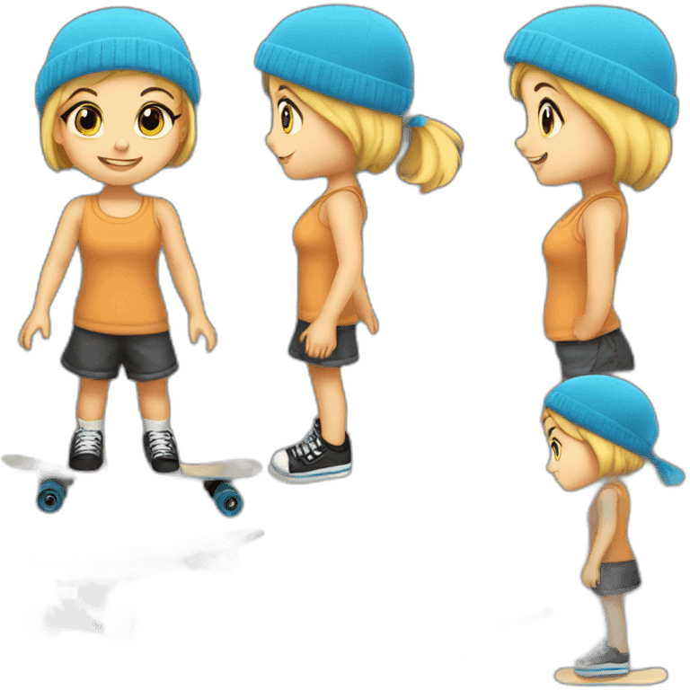 Little blond girl with blue beanie on black skateboard emoji